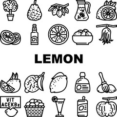 lemon fruit citrus slice fresh icons set vector. leaf, yellow food, lemonade juice, cut half, juicy citron, peel sour tropical leaves lemon fruit citrus slice fresh black contour illustrations