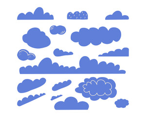 Abstract doodle clouds set. Blue cloud collection for baby nursery in scandinavian style. Hand drawn vector illustration isolated on white background