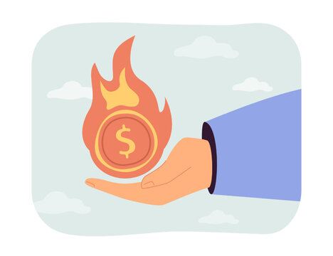 Human hand holding burning gold coin with dollar sign. Money on fire as symbol of financial crisis flat vector illustration. Finances, economy, bankruptcy concept for banner or landing web page