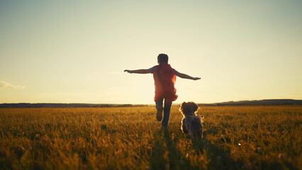 Fototapeta na wymiar superhero and dog. little boy running across the field in a superhero costume with a red cape silhouette at sunset. happy family kid concept. baby superhero. little boy in sunset dream run through