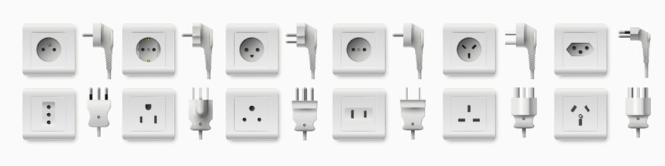 Realistic socket and plug. Electricity chargers and adapters. 3D plastic interior elements. Different types. Home details. Electrical circuit connector. Vector electric outlets set