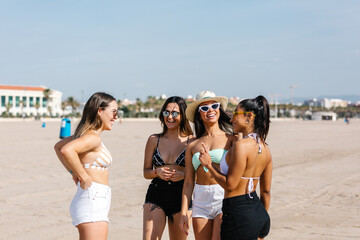 friends in bikinis talking on the beach