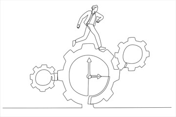 Illustration of businessman run along gear in form of clock. Time control concept. One line art style