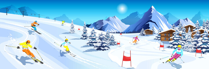 Winter mountain landscape with many different skiers. Happy man, woman ride skis in Alps. Blue sky, tops of rocks on background. Winter sport activity. Skiing resort. Vector illustration - obrazy, fototapety, plakaty