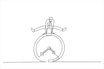 Cartoon of businessman employee worker jump over time passing clock. Business deadline or working time efficiency concept. Single continuous line art style