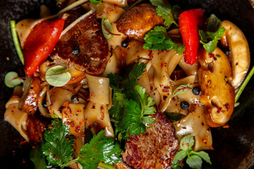 Salad with squid meat on skewers, mushrooms