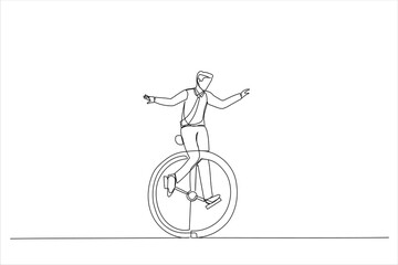 Drawing of businessman riding vintage clock bicycle. Time management or work life balance concept. Single line art style