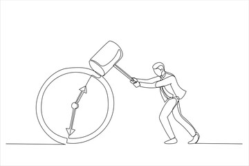 Cartoon of businessman holding big hammer smashing alarm clock. Postpone business deadline concept. Continuous line art style