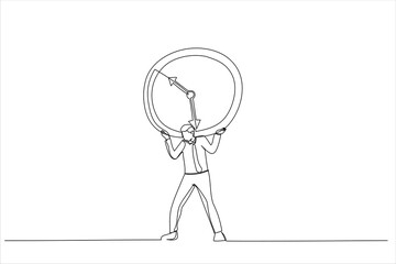Illustration of businessman salary man carry heavy big clock burden. Time management failure concept. One continuous line art style