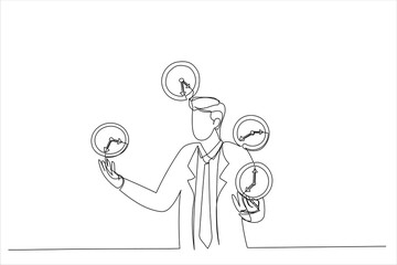 Illustration of business man successfully juggling managing time . Successful time management metaphor. One line art style