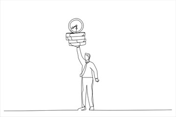 Drawing of businessman working with laptop while carrying load of paperwork. Ability to work under pressure. Single line art style
