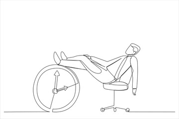 Cartoon of businessman sleeping lay down on office chair and alarm clock covered his face with book. Afternoon slump, laziness metaphor. Single continuous line art style