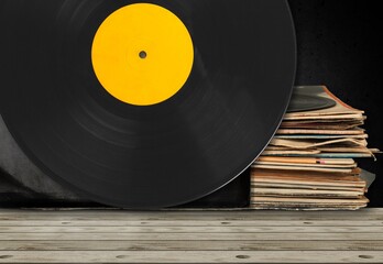 A stack of old vinyl records. Jazz vinyl record listening concept.
