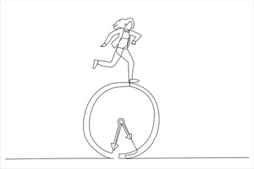 Cartoon of businesswoman running on clock. Deadline concept. Single continuous line art style