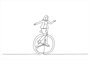 Drawing of businesswoman riding vintage clock bicycle. Time management or work life balance concept. Single line art style