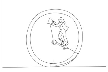 Cartoon of businesswoman standing on clock hour hand manage to push back minute. Turn back time metaphor. Single continuous line art style