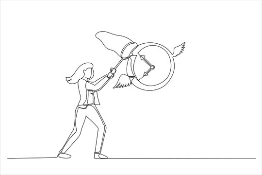 Cartoon of businesswoman hurry to catch flying clock . Lack of time and project deadline concept. Continuous line art