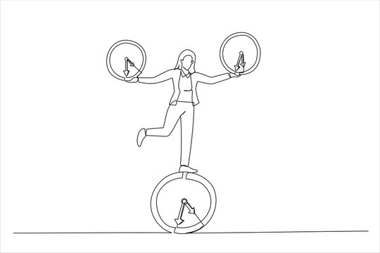 recommend clip art: Drawing of businesswoman balancing all time pieces. Work life balance or control work project time and schedule concept. Single continuous line art