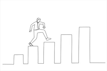 Illustration of confidence businessman step walking up stair of success with rising up arrow. Improvement or career growth. One line style art