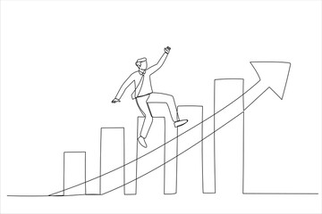 Drawing of smart businessman company leader riding skateboard fast on rising up profit graph diagram. Single line art style