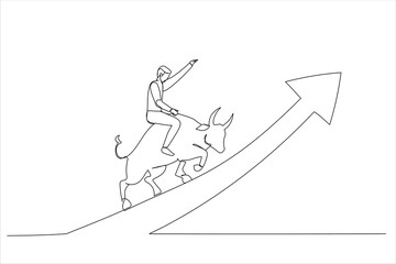 Cartoon of confident businessman investor riding bull running on rising up upward green graph. Stock market bull market. Single continuous line art style