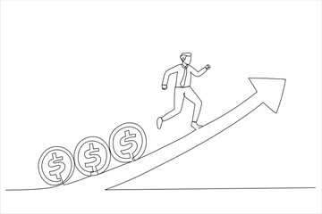 Illustration of fund manager holding flag lead money coins running up rising graph. Stock market growth or fund flow. One line art style