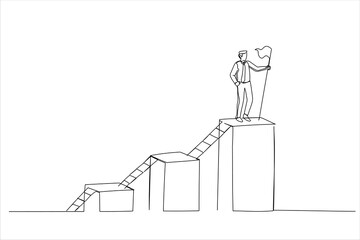 Illustration of businessman climb up ladder step by step on graph to achieve goal. Step to grow business, ladder of success. One line style art - obrazy, fototapety, plakaty