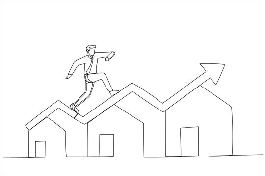 Drawing of businessman running on rising green graph on house roof. Housing price rising up. Single continuous line art