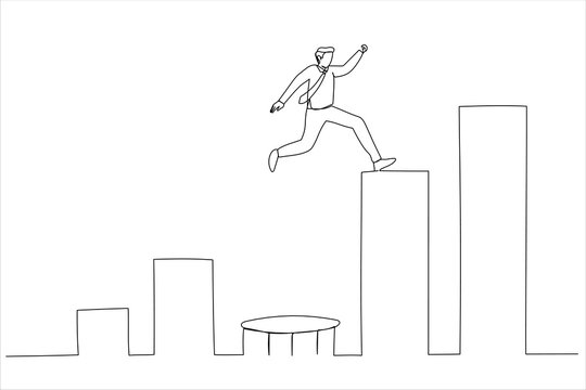 Illustration of strong businessman jumping from trampoline back to top of growing bar graph. Business challenge, revenue recover. One line art style