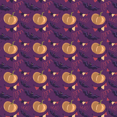 Vector seamless pattern for Halloween with purple background and images: orange pumpkins, bats, garlands.