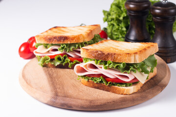 Close-up photo of an American club sandwich. Fast food concept. 