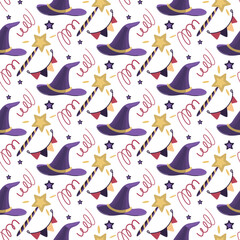 Vector seamless pattern with a magic wand, a wizard's hat, stars, confetti and a garland on a white background. The pattern can be used for Halloween design
