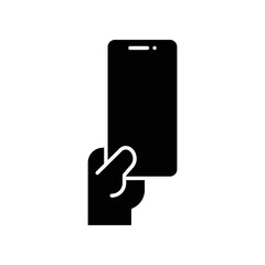 Hand holding smartphone icon. Simple solid style. Hold mobile phone with white screen. Glyph vector illustration isolated on white background. EPS 10.