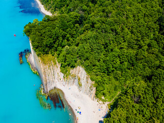 Beautiful view on Black Sea coast. The Kiselev Rock, Tuapse Russia. Drone view of rocks, nature, sea and water