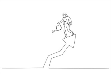 Drawing of businesswoman pouring water with care to grow company growth arrow. Grow business increase profit. Single line art style