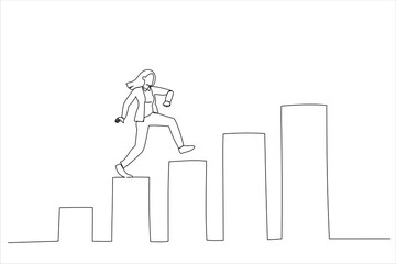 Illustration of confidence businesswoman step walking up stair of success with rising up arrow. Improvement or career growth. One line style art