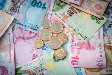 Various Turkish Lira Banknotes And Coins.  Turkish Money