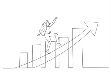 Drawing of smart businesswoman company leader riding skateboard fast on rising up profit graph diagram. Single line art style