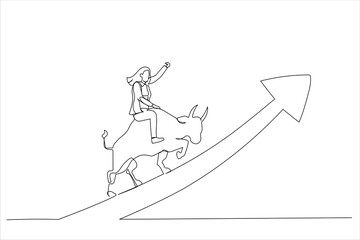 Cartoon of confident businesswoman investor riding bull running on rising up upward green graph. Stock market bull market. Single continuous line art style
