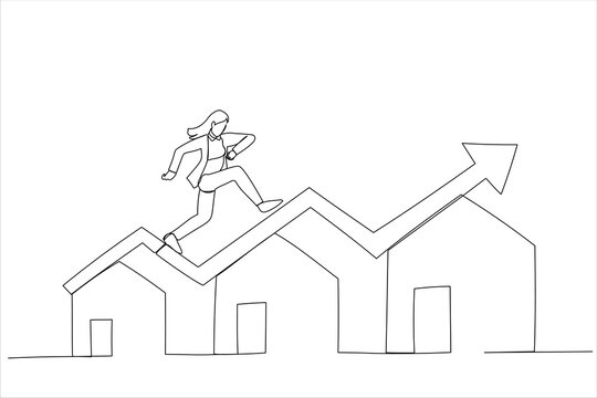 Drawing of businesswoman running on rising green graph on house roof. Housing price rising up. Single continuous line art