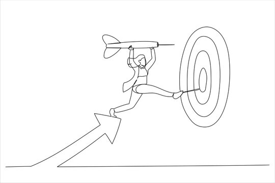 Cartoon of businesswoman leader holding dart running from rising graph arrow and jump to bullseye target. Business target achievement. Single continuous line art style