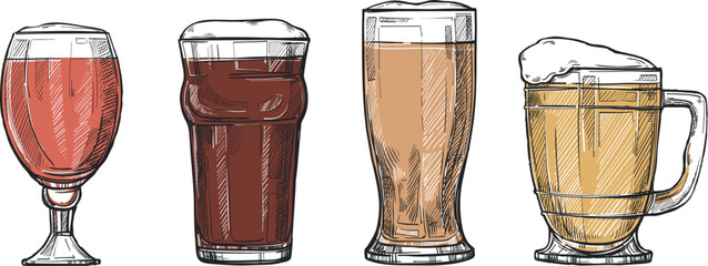 Four various glasses of beer freehand drawing isolated on white background vector illustration. Time to beer. Vintage style. Beer glass icons for bar, pub, restaurant menu