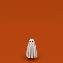 Cute floating Halloween ghost on orange background with copy space. Minimal modern design, 3D illustration rendering
