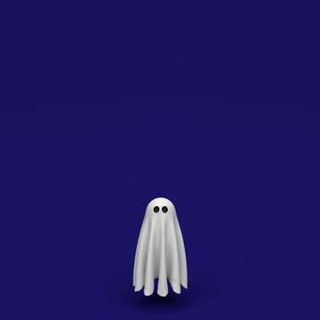 Cute floating Halloween ghost on purple background with copy space. Minimal modern design, 3D illustration rendering
