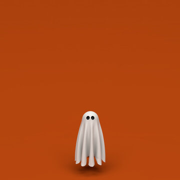 Cute floating Halloween ghost on orange background with copy space. Minimal modern design, 3D illustration rendering
