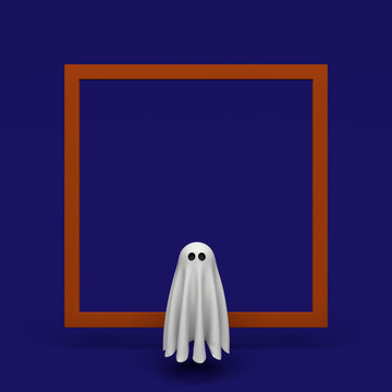 Cute floating Halloween ghost on purple background with copy space. Minimal modern design, 3D illustration rendering
