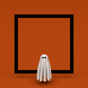 Cute floating Halloween ghost on orange background with copy space. Minimal modern design, 3D illustration rendering
