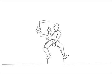 Drawing of closeup of smartphone with blank screen in jumping. Single line art style