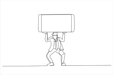 Illustration of man is balancing a giant cell smart phone over his head that has a blank screen for your images and text. One line style art