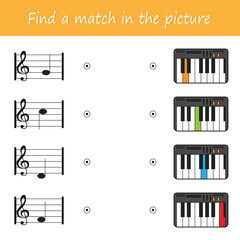 Game for children. Learning notes. Find a match in the pictures. The development of intelligence in preschool children. Vector illustration
